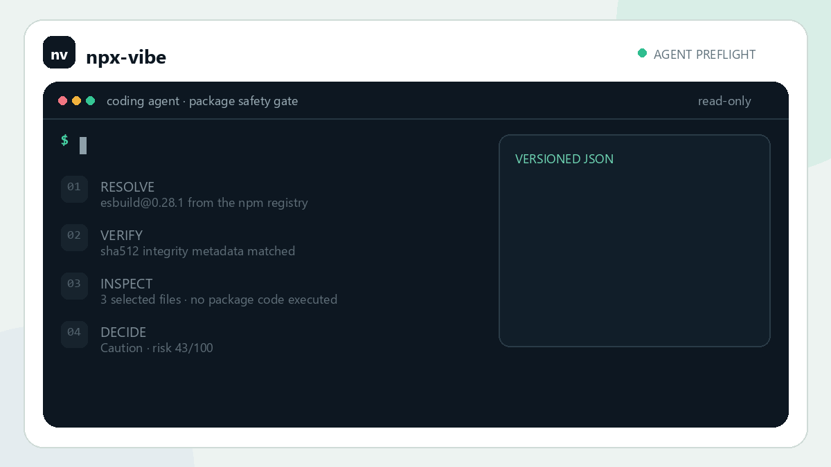 Animated coding-agent package preflight returning a structured Caution decision and pausing before execution