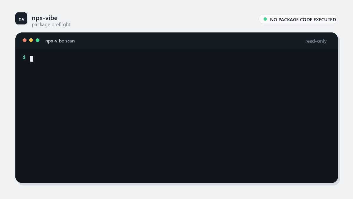 Animated npx-vibe scan of esbuild showing tarball verification, install-hook evidence, optional Gemini review, and a Caution verdict